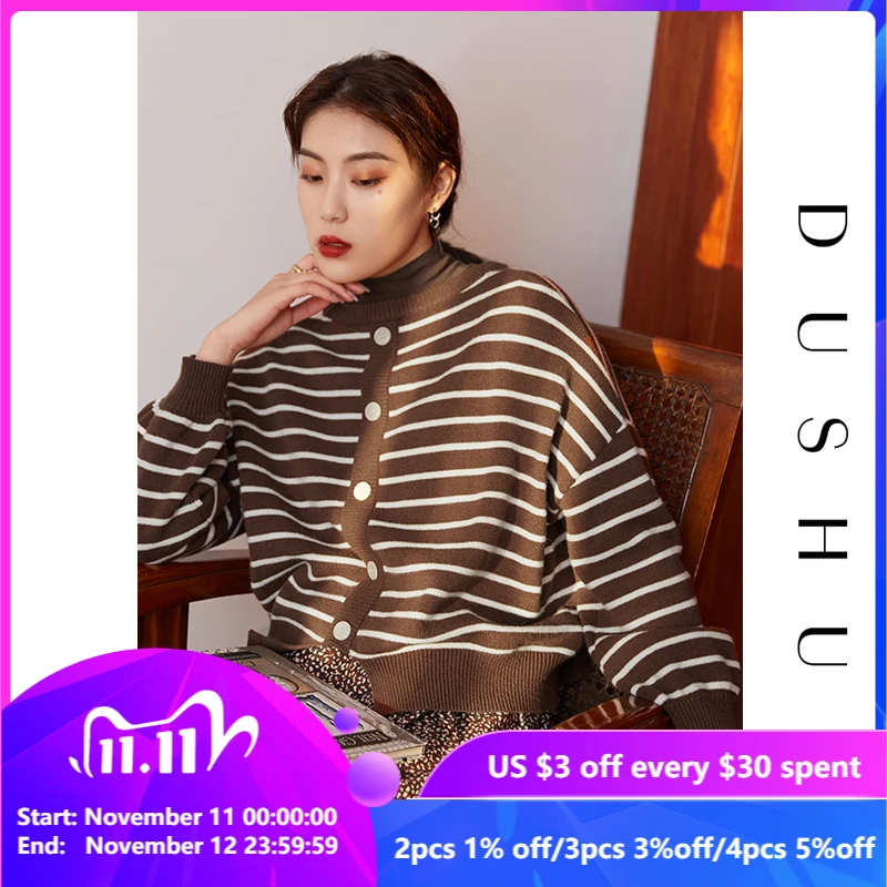 

Женский вязаный свитер в полоску DUSHU, короткий кардиган в стиле оверсайз, на пуговицах, винтажный джемпер на весну, размера плюс, 2021