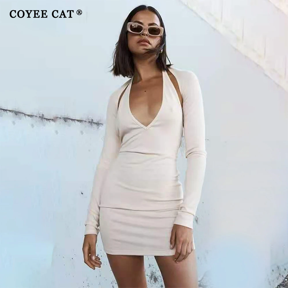

Coyee Cat Women Sexy V Neck Dress Bodycon Backless Long Sleeve Short Dress Cold Shoulder Sexy Clubwear 2021 Y2k Dress Mini Dress
