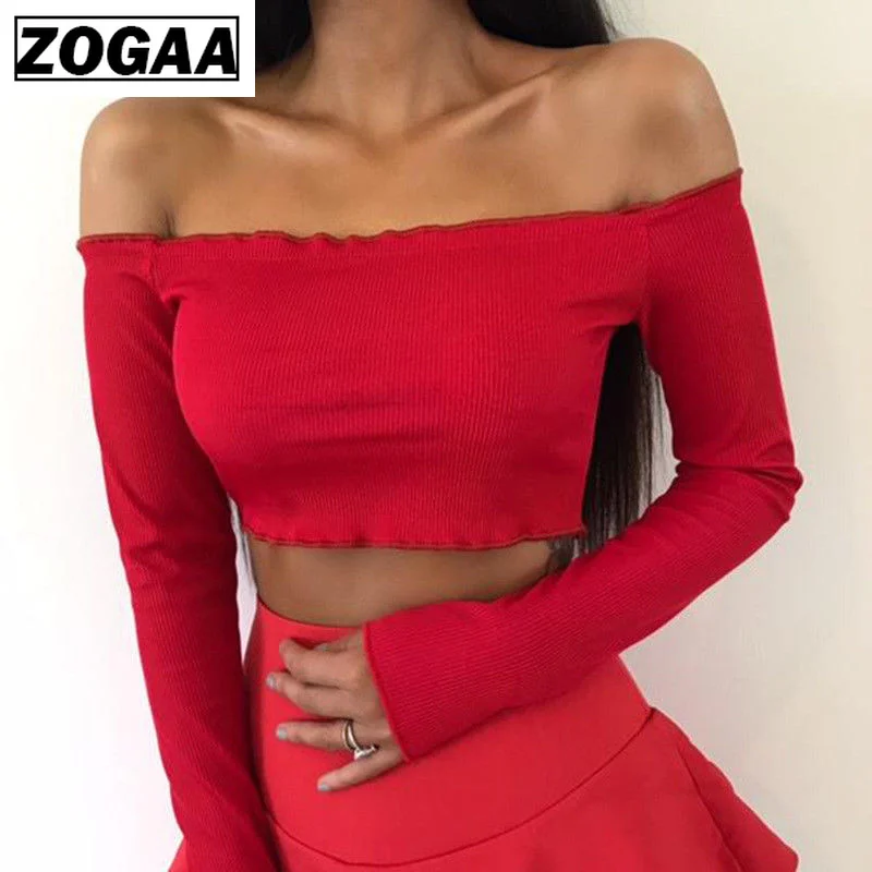 ZOGAA Sexy Cotton Blend Crop Top 2019 Autumn Off Shoulder Black Red Crochet Women Brandy Elegant Short Tank Tops Bustier | Женская