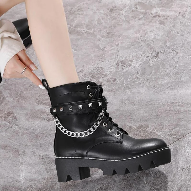 

Женские кожаные ботильоны, женские осенние короткие ботинки с пряжкой, женские черные мотоциклетные ботинки в стиле панк на квадратном каб...