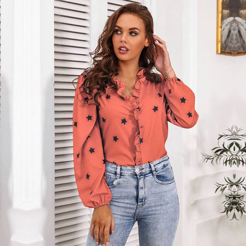 

2021 Spring Autumn New Fashion Casual V Neck Wood Ear Star Pattern Office Lady Blouse Female Long Lantern Sleeve Women's