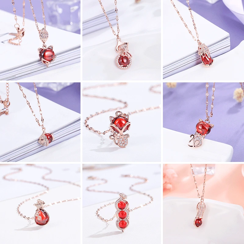 

Женская цепочка с подвеской в виде красного граната и лисы, из титановой стали