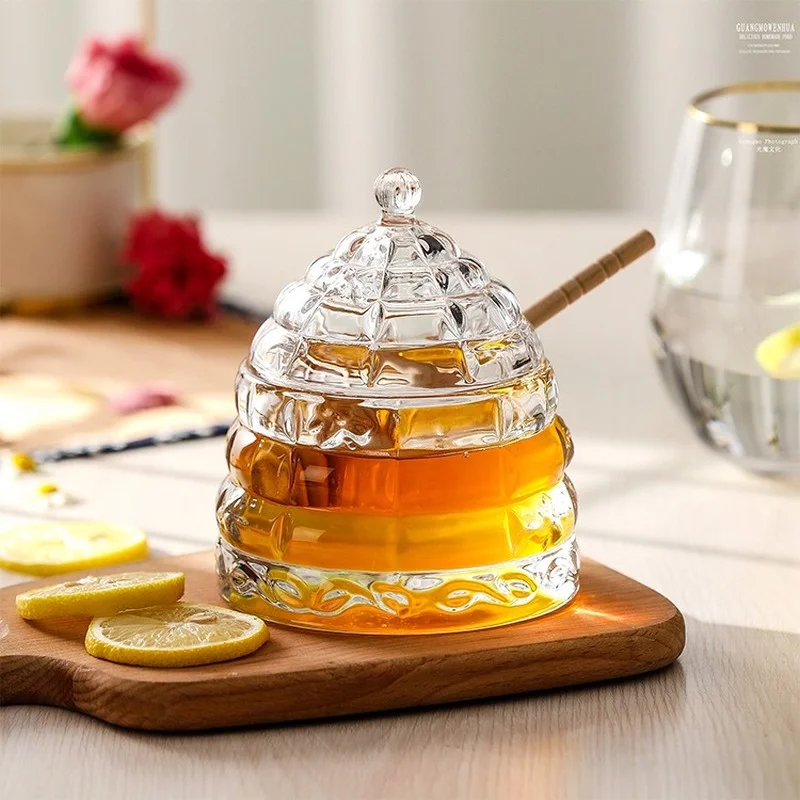 

Western Conical Glass Storage Tank Creative Household Syrup Storage Tank Honey Pot Storage Pot Wooden Spoon Combination