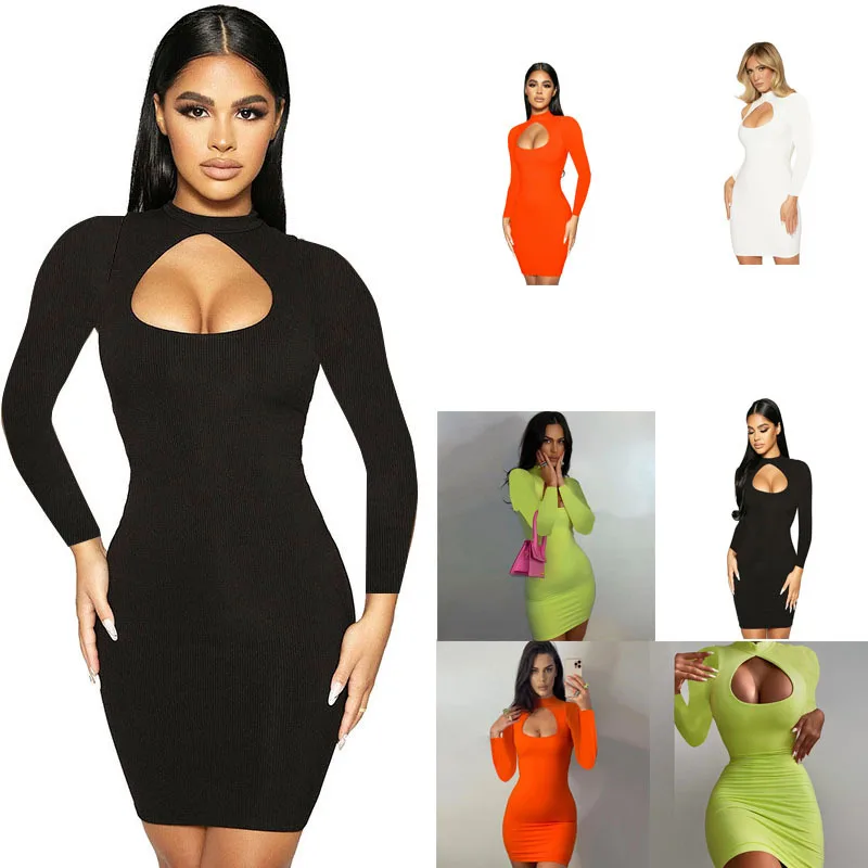 

Somoshein S-Xl Long Sleeve Crew Neck Dress Women 2021 Autumn Fashion Sexy Hollow Out High Waist Dresses Wholesale Dropshopping