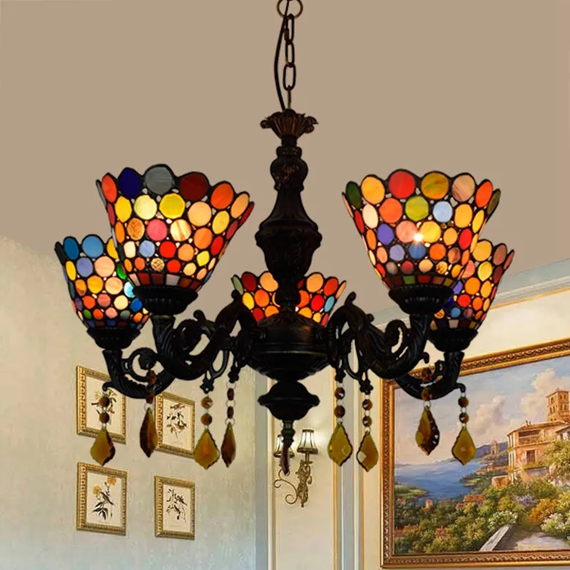 

European-Style Creative Retro Tiffany Colored Glass Bar Club Internet Cafe KTV Hot Pot Restaurant 5 Crystal Chandelier