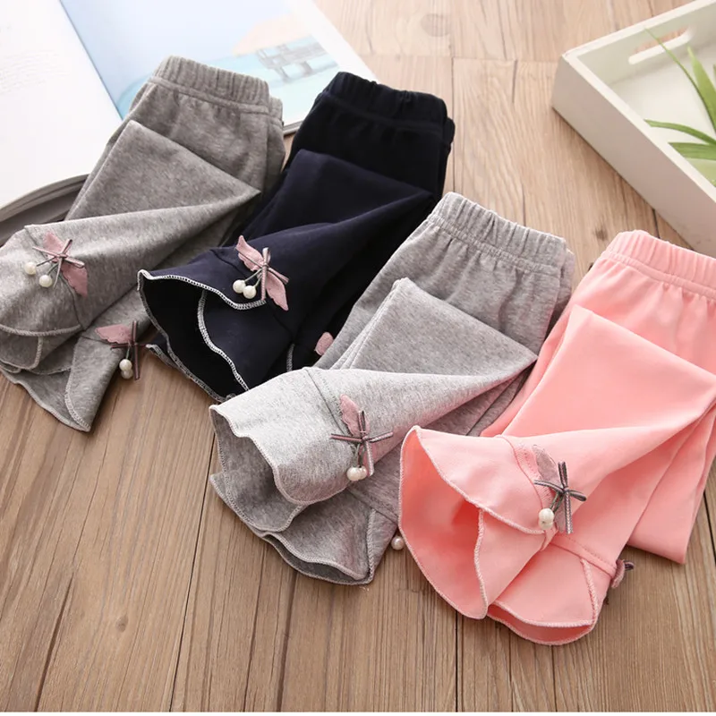 

2022 Autumn Spring New Korean 90-140cm 2 3 4 5 6 7 8 10 Years Kids Cotton Flared Solid Color Baby Leggings With Pearls For Girls