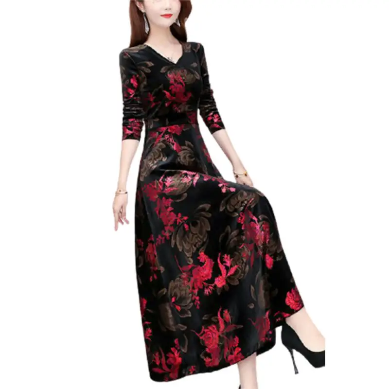 

Winter Women Velvet Bodycon Dresses Party Dress V-neck Long Sleeve Maxi Dress