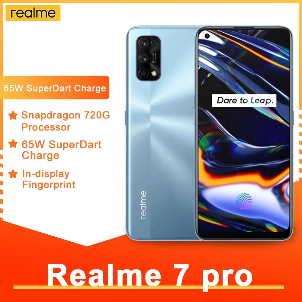 Перейти на Алиэкспресс и купить Realme 7 Pro 8 Гб 12 Гб глобальная смартфон 65 Вт Быстрая зарядка отпечатков пальцев разблокированная полный экран мобильного телефона Snapgragon 720 г иг...