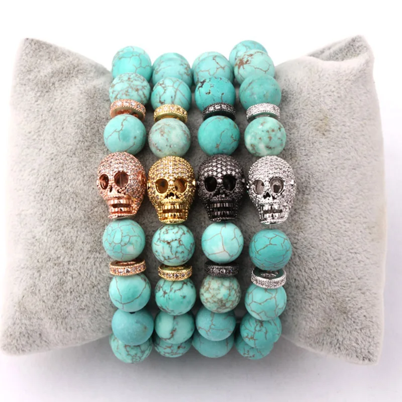 

New Fashion Natural Stone Beads Women Jewelry Bracelet Large CZ Pave Skull Charm Beaded Elastic Bracelet Bangle Women Lady