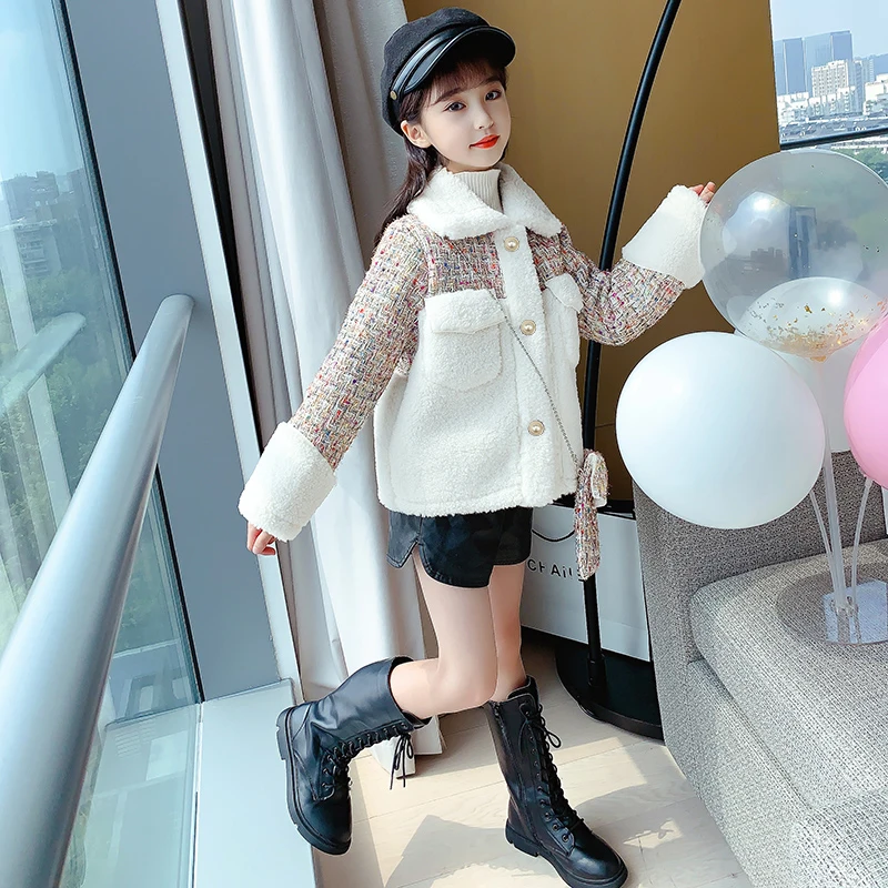 

2020 Winter Spring Girls Stitching Thick Loose Fashion Lamb Woolen Coat Jacket