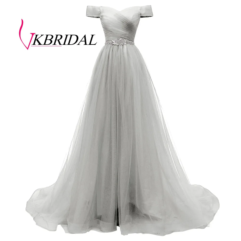 Серебристый VKBRIDAL, Красное длинное вечернее платье с открытыми плечами и поясом, расшитое бисером, винтажные платья для выпускного вечера, vestido de festa, недорогое вечернее платье со шнуровкой на спине - Цвет: Серебристый