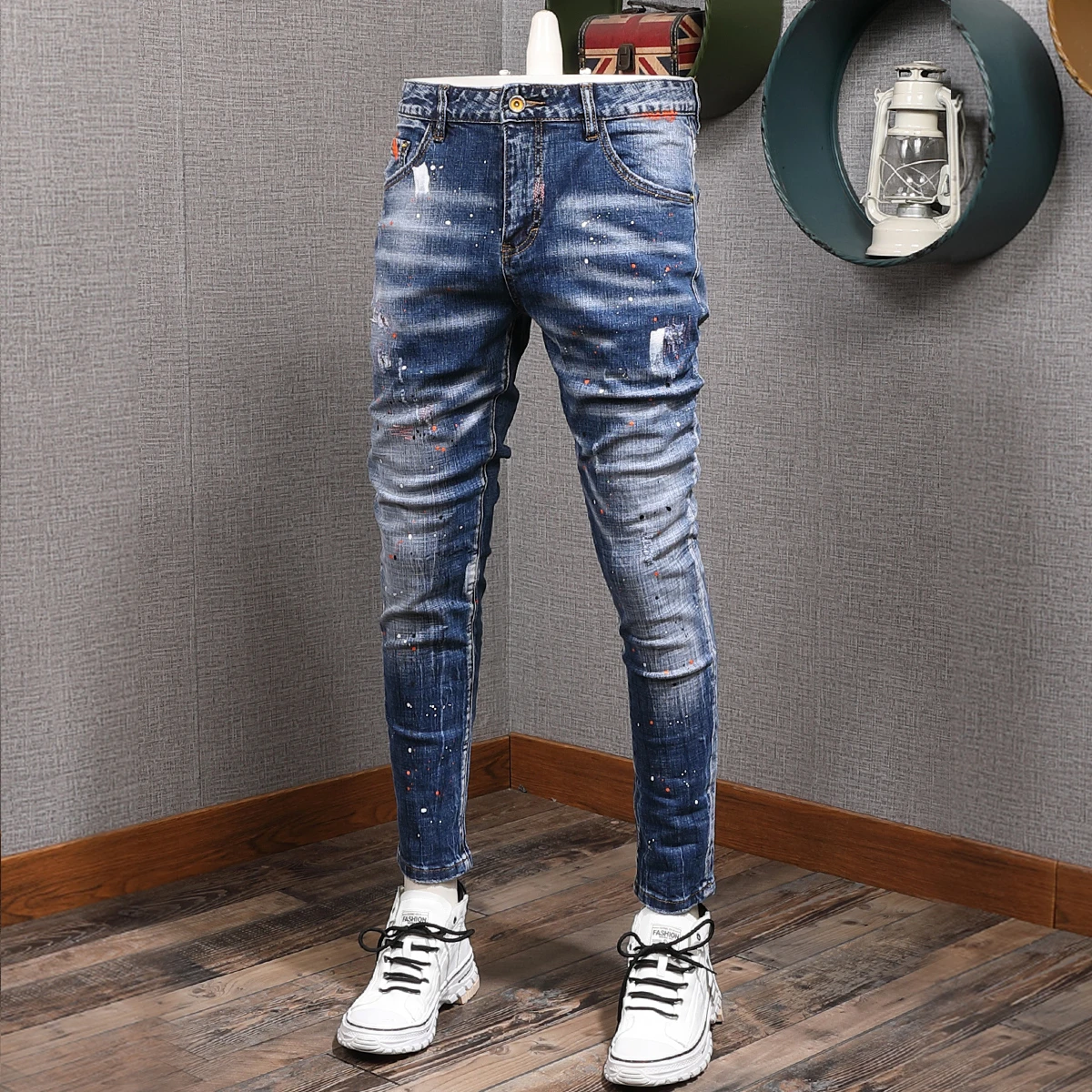 

Denim Jeans Men Autumn Slim Fit Fashion Brand High Quality Blue Perforated Splash Pants Skinny Jeans Men Erkek Jean Pantolon