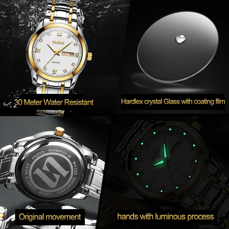 Мужские водонепроницаемые кварцевые наручные часы OLEVS из нержавеющей стали |