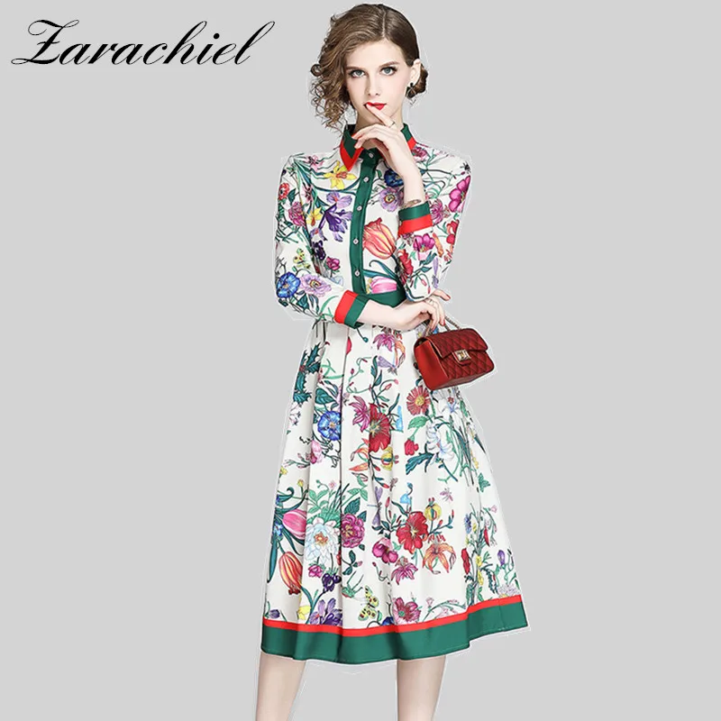 Женское винтажное платье-рубашка с цветочным принтом однобортное облегающее