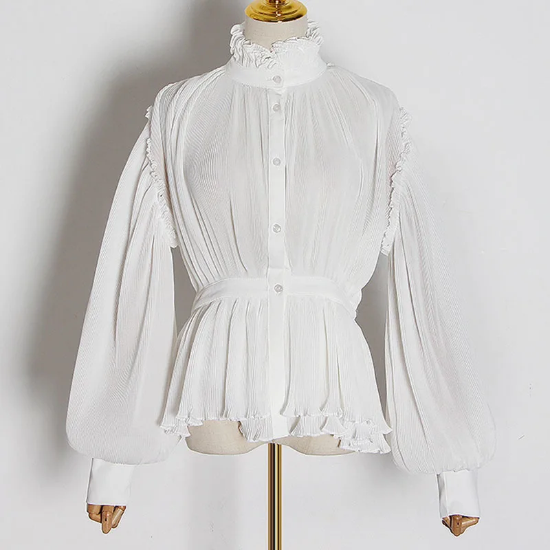 

Женская плиссированная блузка с воротником-стойкой и рукавами-фонариками