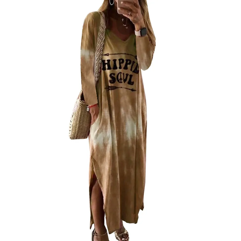 Tie Dye длинное платье для женщин хиппи душа печати о-образным вырезом свободного покроя с длинным рукавом рубашка макси платья размера плюс сплит винтажное платье
