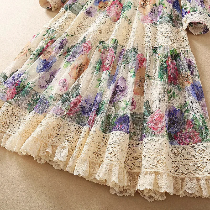 

high quality fashion lace dress 2021 spring summer v-neck bandage colorful flower print hollow out elegant party dress women