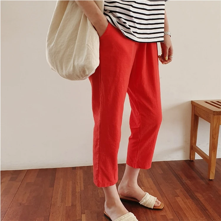 

YOCALOR New 2020 Summer Women Pants 6 Colors High Waist Pockets Casual Cotton and Linen Ankle-Length Harem Trousers
