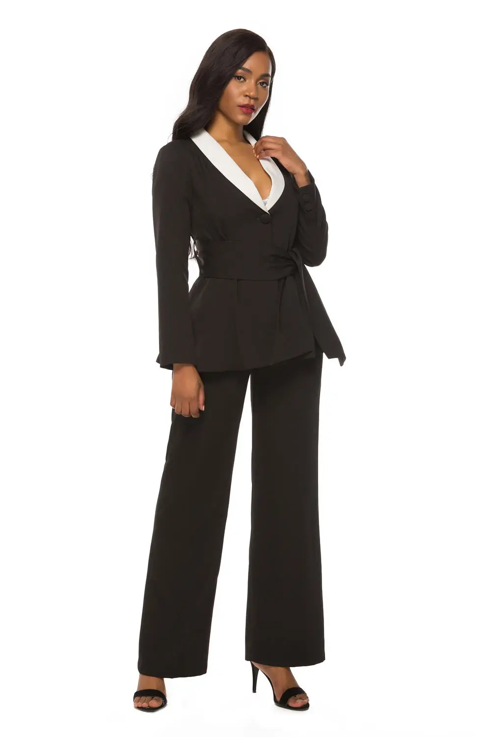 

Women Black Blazer Office Ladies Long Sleeve Notched With Waist Belt Patchwork Ladies Blazer Summer Modest Work Fashion Clothing