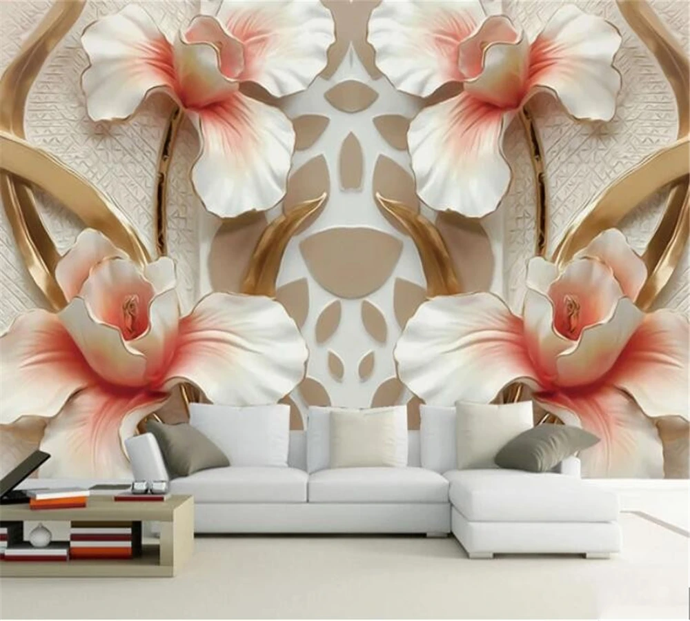 

beibehang Custom Fashion Mural 3D Phalaenopsis Lily Relief Background Wall Home Decoration Painting Living Room Wallpaper