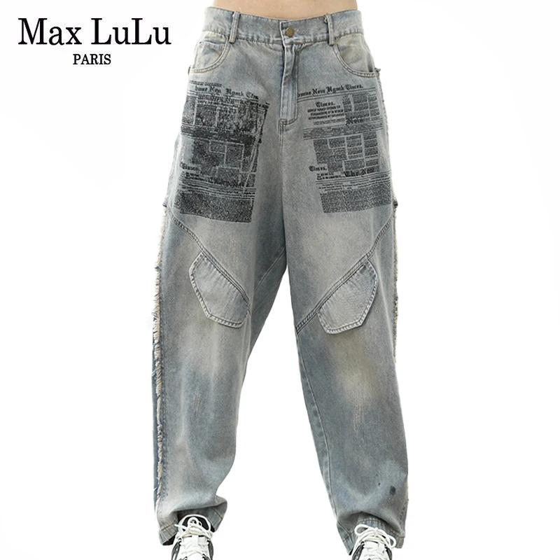 

Max LuLu 2021 Casual Loose Jeans Autumn New Women Printed Straight Harem Pants Ladies Button Harajuku Pantalons Denim Trousers