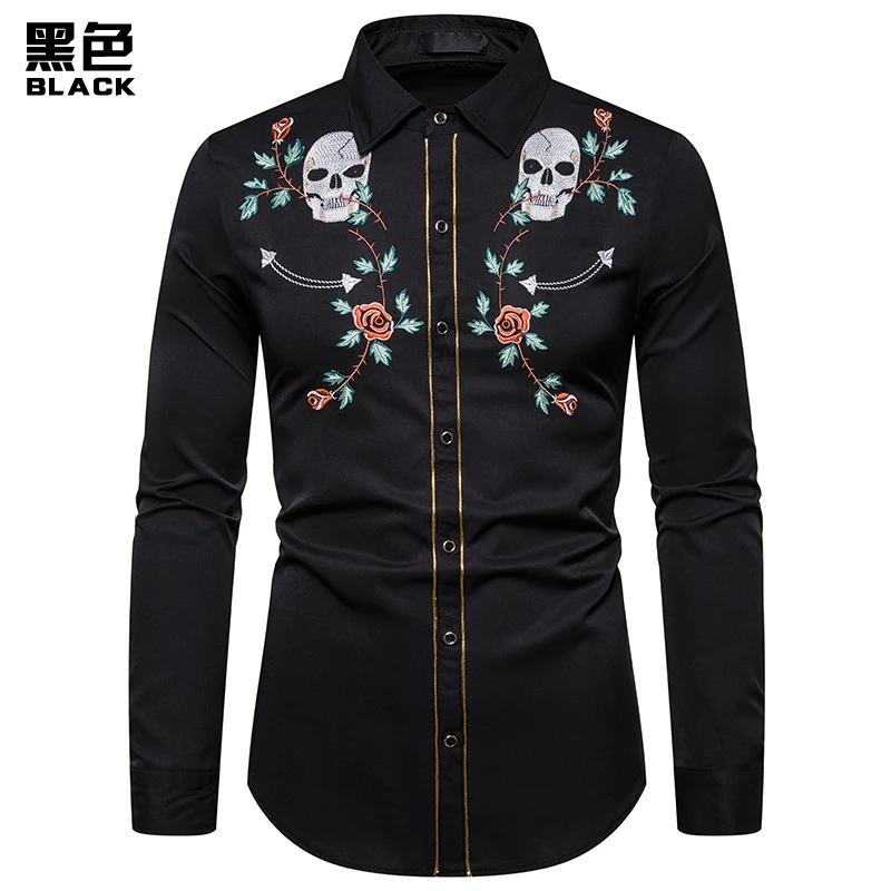 3 Black Shirt Брендовая мужская рубашка высокого качества с вышивкой черепа, рубашка, приталенная Повседневная ковбойская рубашка с длинными рукавами, европейские размеры, рубашки размера XXL - Цвет: 3 Black Shirt