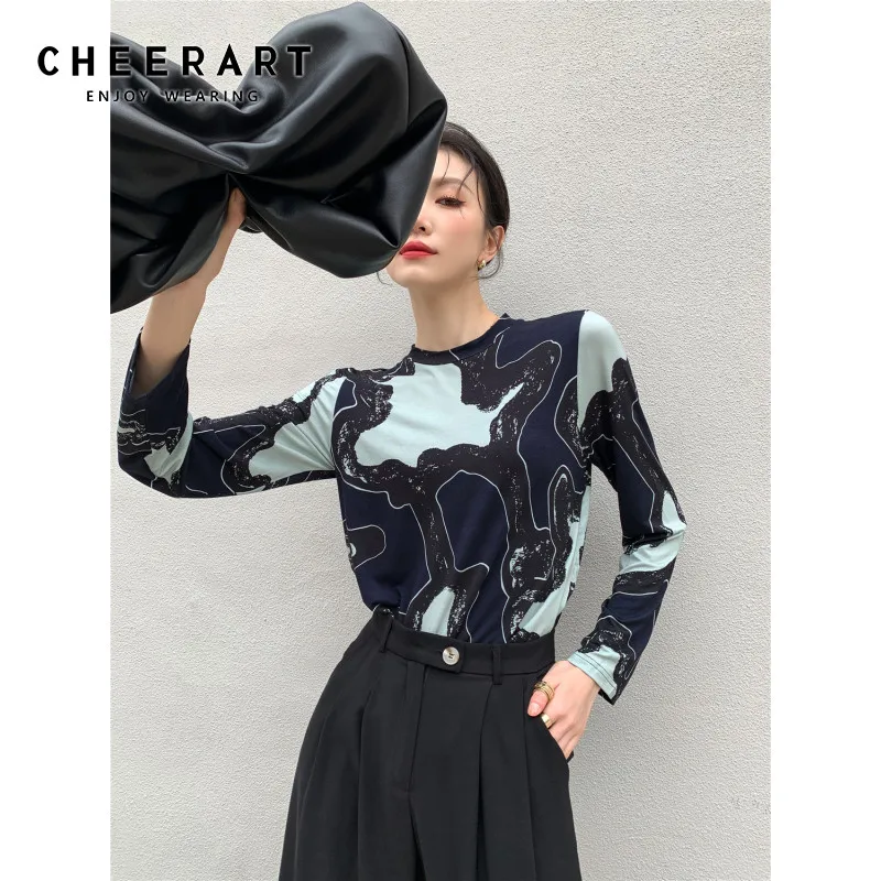 

CHEERART Abstraction Print Long Sleeve Top Women Elasticity Tshirt Crewneck T Shirt Ladies Designer Top Crew Neck Bodycon Tee