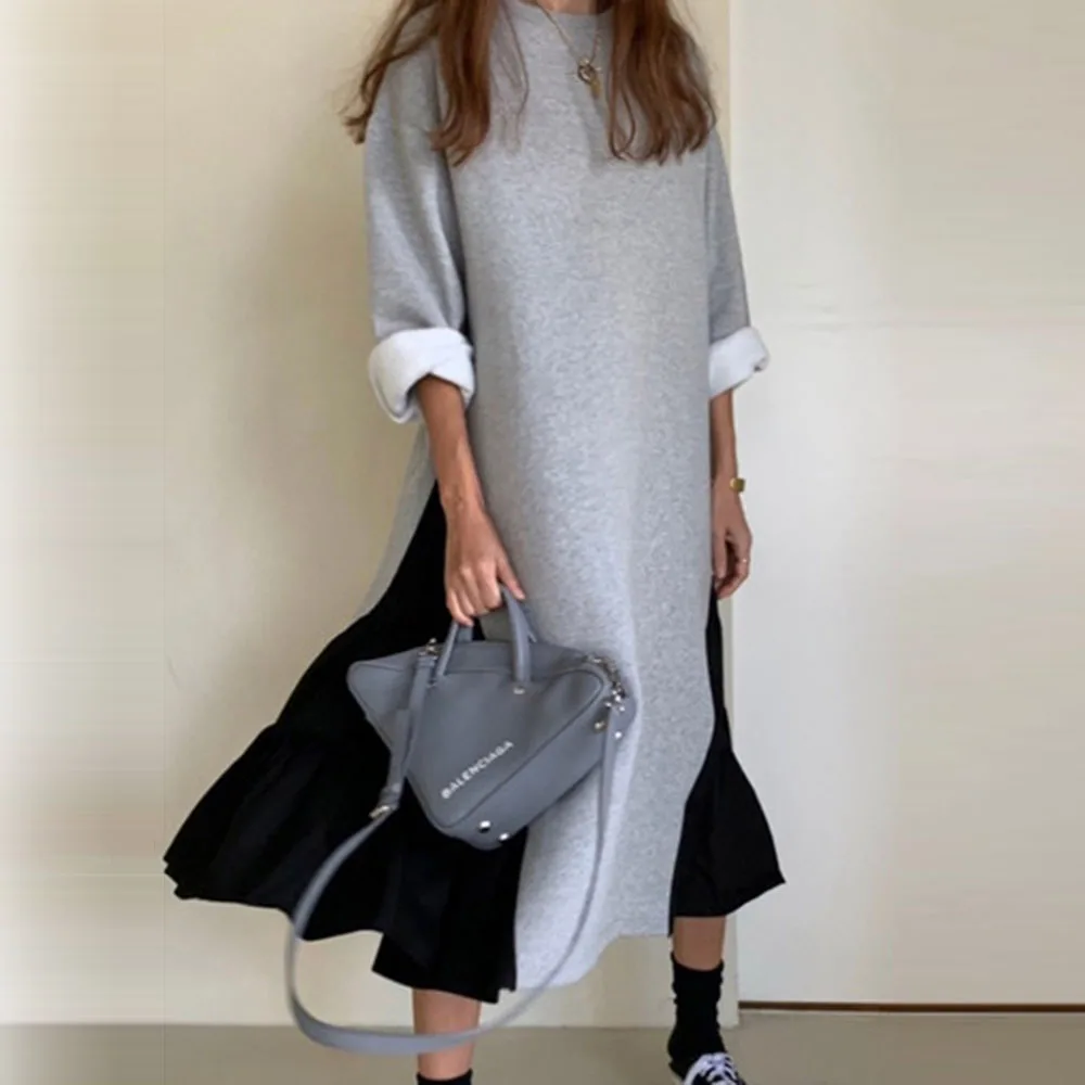 Женское Ассиметричное платье до середины икры черное или белое лоскутное