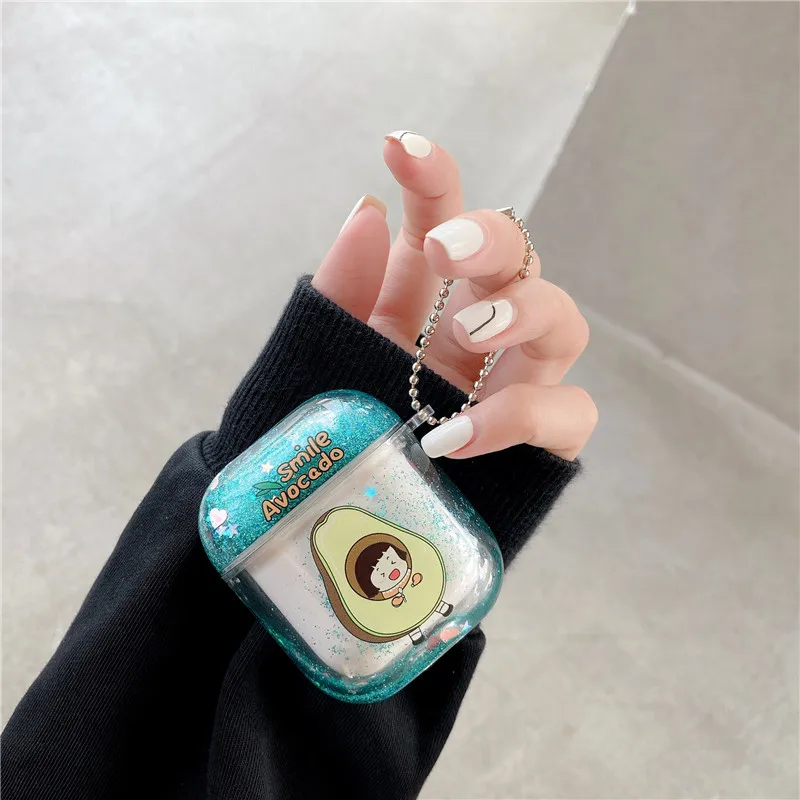 

Girl's Glitter Quicksand Liquid Cute Peach Avocado Hard Plastic Headphone Cases For Apple Airpods 1 2 3 Pro Protection Cover