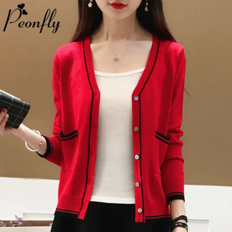

PEONFLY New Spring Women's Knitted Sweater Cardigans Casual Long Sleeve Single Breasted Female Cardigan Sweaters Sueter Mujer