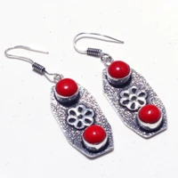 genuine coral tourmaline silver overlay on copper earrings hand made women jewelry gift e5364