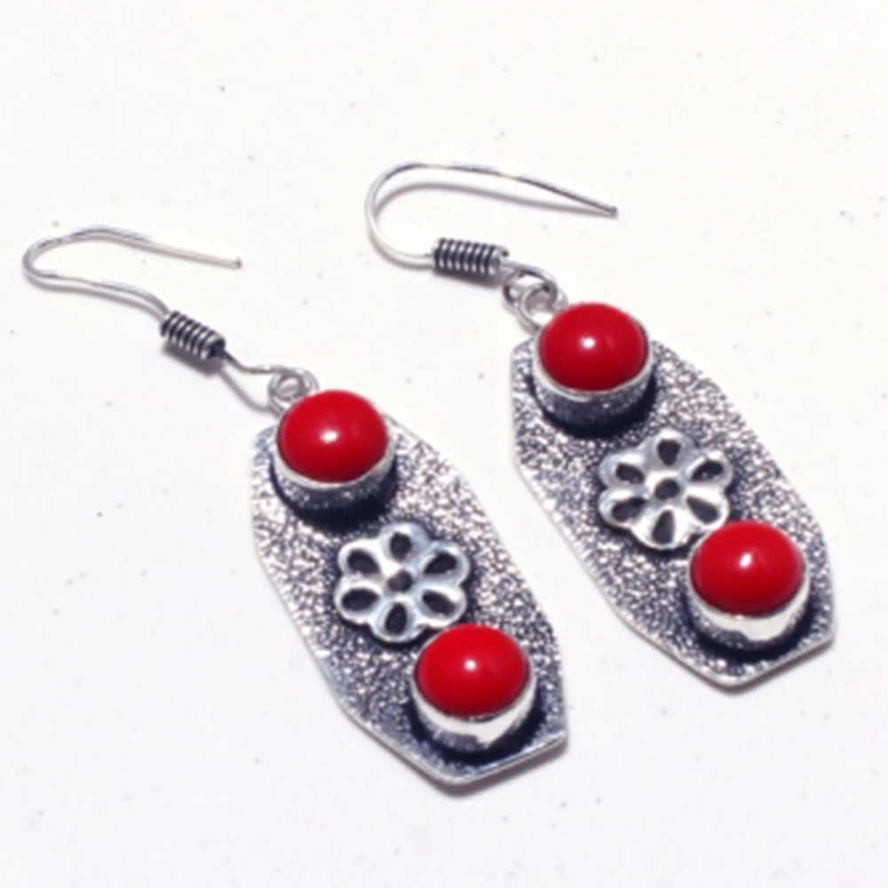 Genuine Coral Tourmaline Silver Overlay on Copper Earrings Hand made Women Jewelry Gift E5364|Серьги-подвески| |