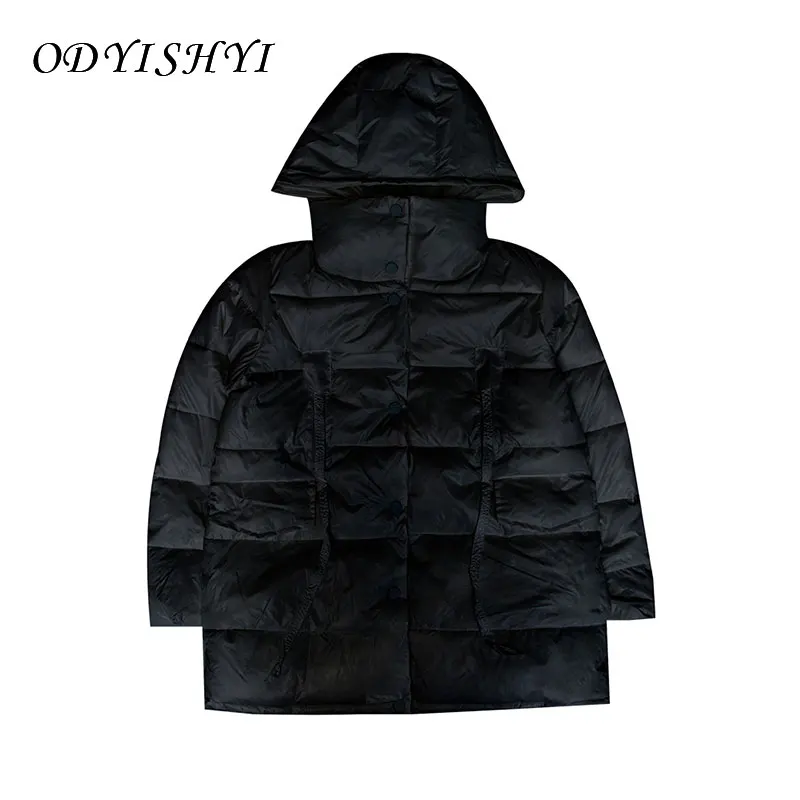 

2020 New Thick Winter Women Warm Down Cotton Coat Mid Long Shiny Black Hooded Oversize Outwear Loose Jacket Female Parkas DH355