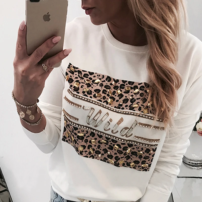 Women Sequins Lips Print Fashionable Sweatshirt Autumn Leopard Long Sleeve Beading Hoodie Lady O-neck Kawaii Sweatshirt Hoodies