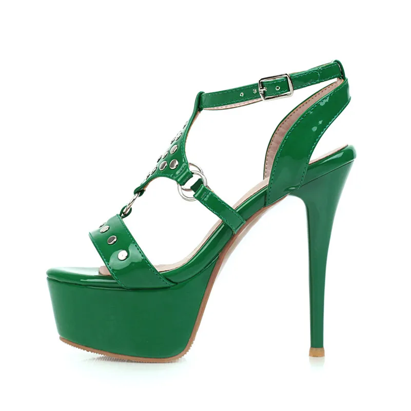 

FOREADA Woman Ankle Strap Sandals Platform Super High Heels Rivet Sandals Stiletto Heel Shoes Female Party Footwear Green 33-46