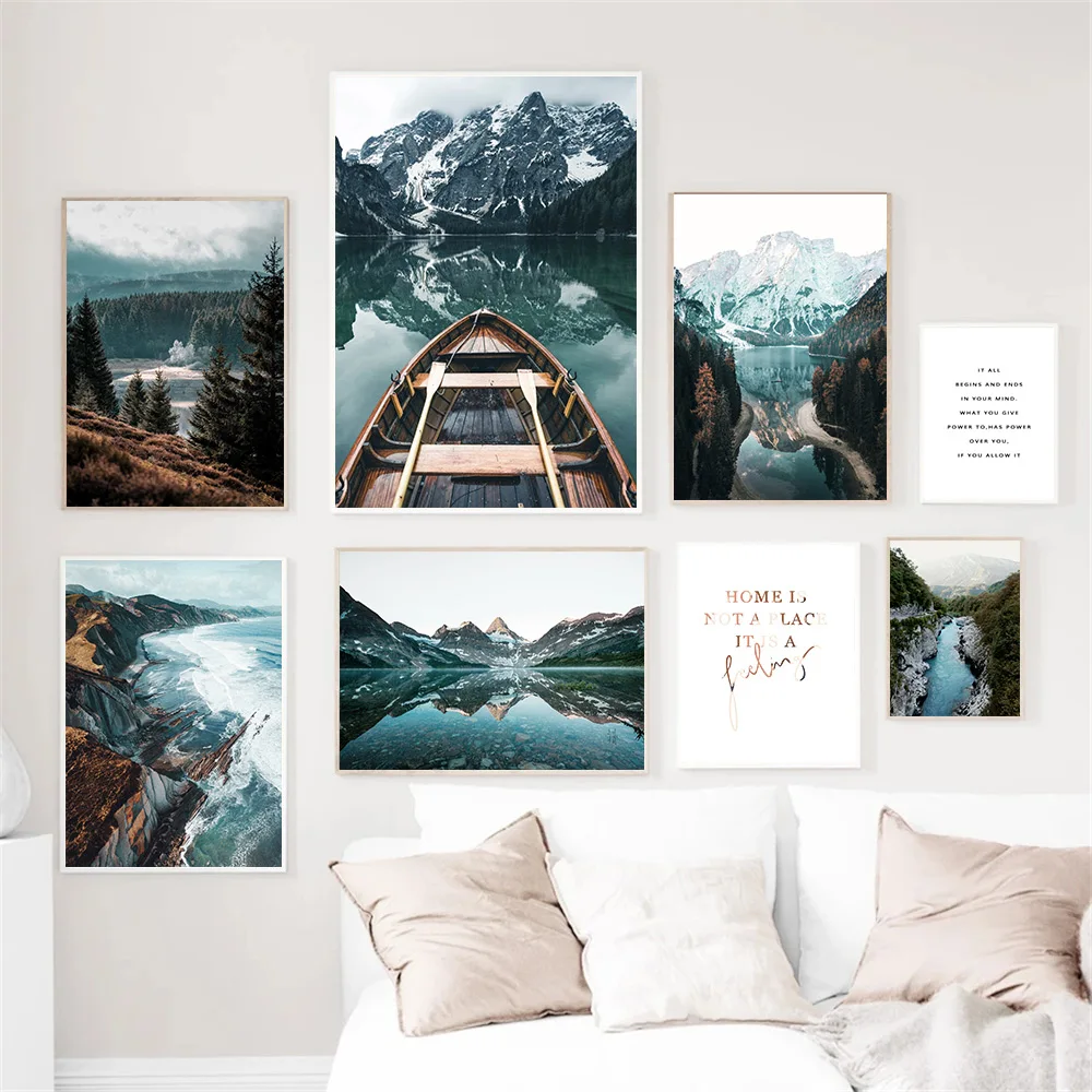 

Scandinavian Poster Mountain Lake Reflection Boat Landscape Wall Art Print Nordic Quotes Canvas Painting Modern Home Decoration