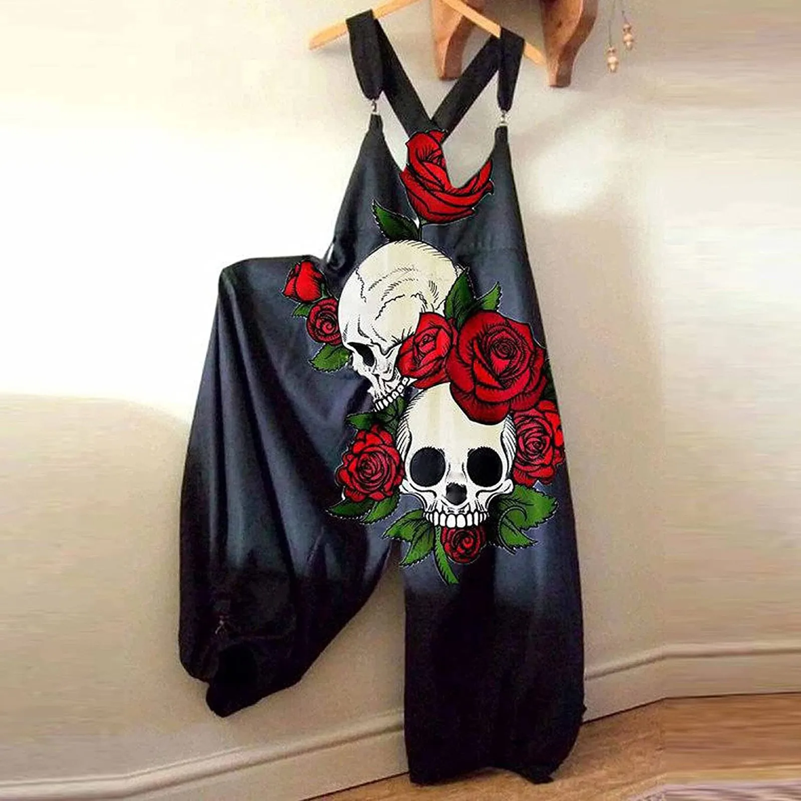

Halloween Womens Skull Print Suspender Jumpsuit Female Sleeveless V Neck Spaghetti Strap Wide Leg Pants Jumpsuit Party 2021