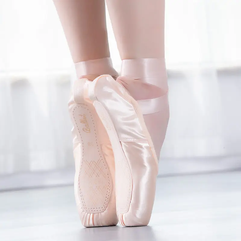 Пуанты атласная верхняя часть с лентой для девушек женская розовая