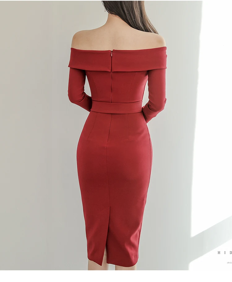 

2020 Women Cloth Slash Neck Long Sleeved Off Shoulder Red Sashes Double Breasted Pencil Bodycon Knee-Length Sexy Party Dresses