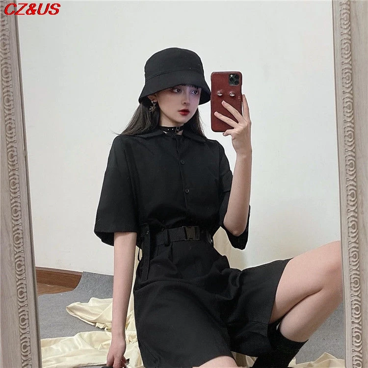 Fashionable And Casual Jumpsuit  Summer 2021 New Korean Personality Black Loose All-match Cargo Pants Woman  [Send belt] images - 6
