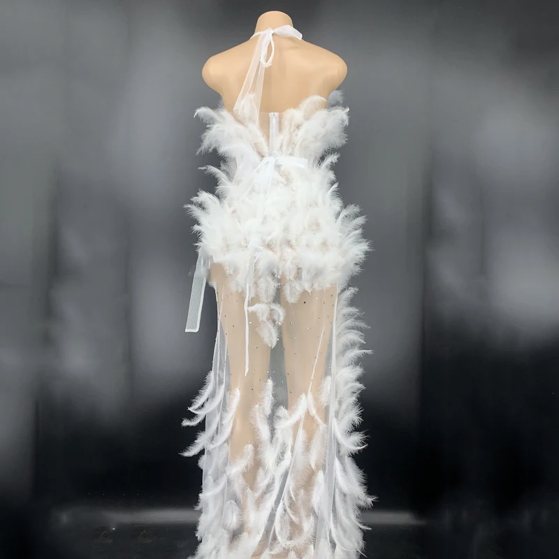 Длинное платье на день рождения Прозрачное стразы с перьями Бандажное певец