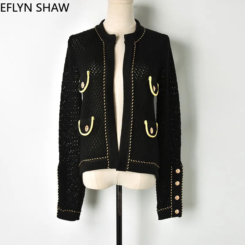 

Women Sweaters Autumn Runway Vintage Round Neck Knit Cardigan Gold Buttons Thick Rim Outside Kintwear Retro Hollow Jumpers