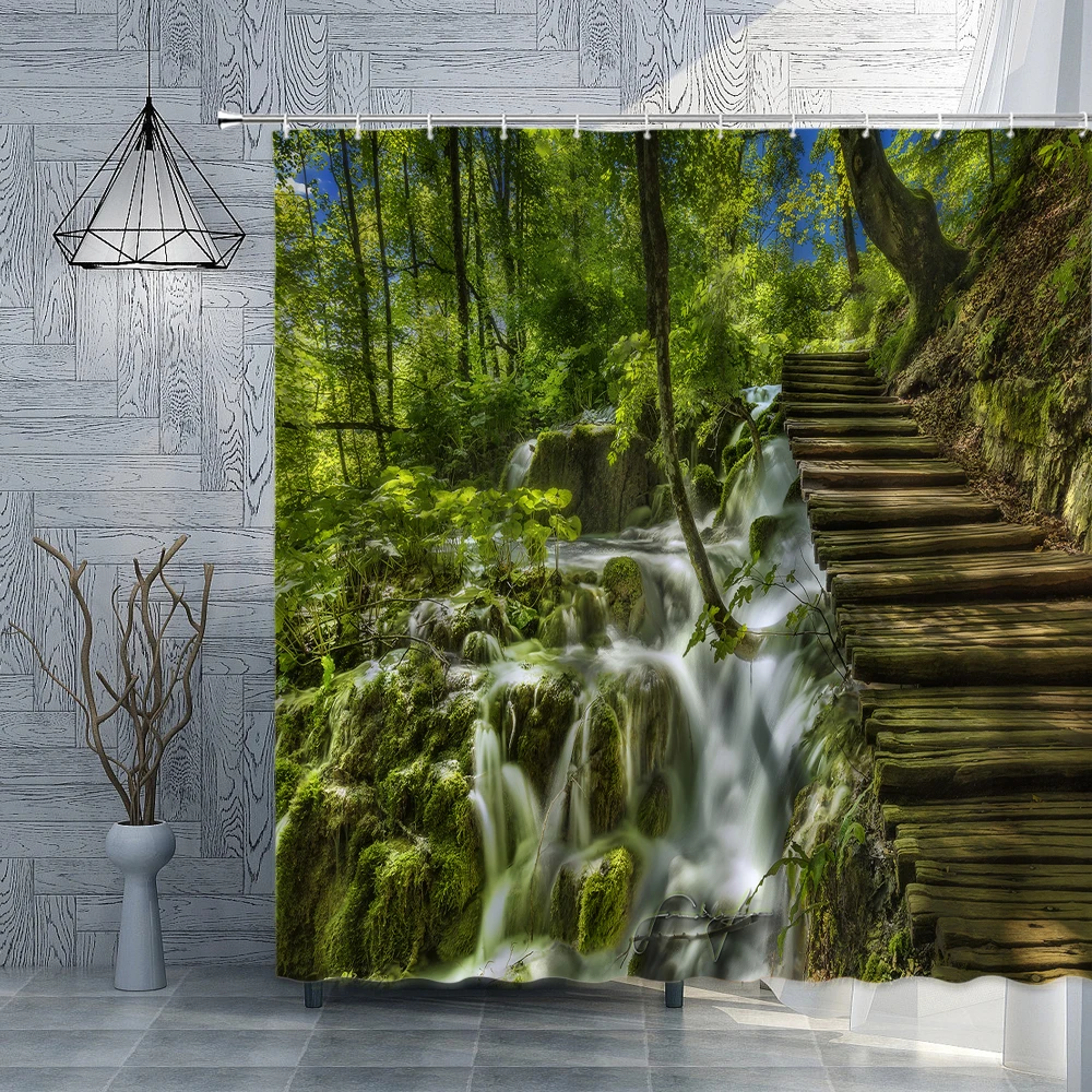

Forest Waterfall Shower Curtains Green Plant Tree Landscape Bathroom Curtain Machine Washable Fabric Home Bath Decor With Hooks