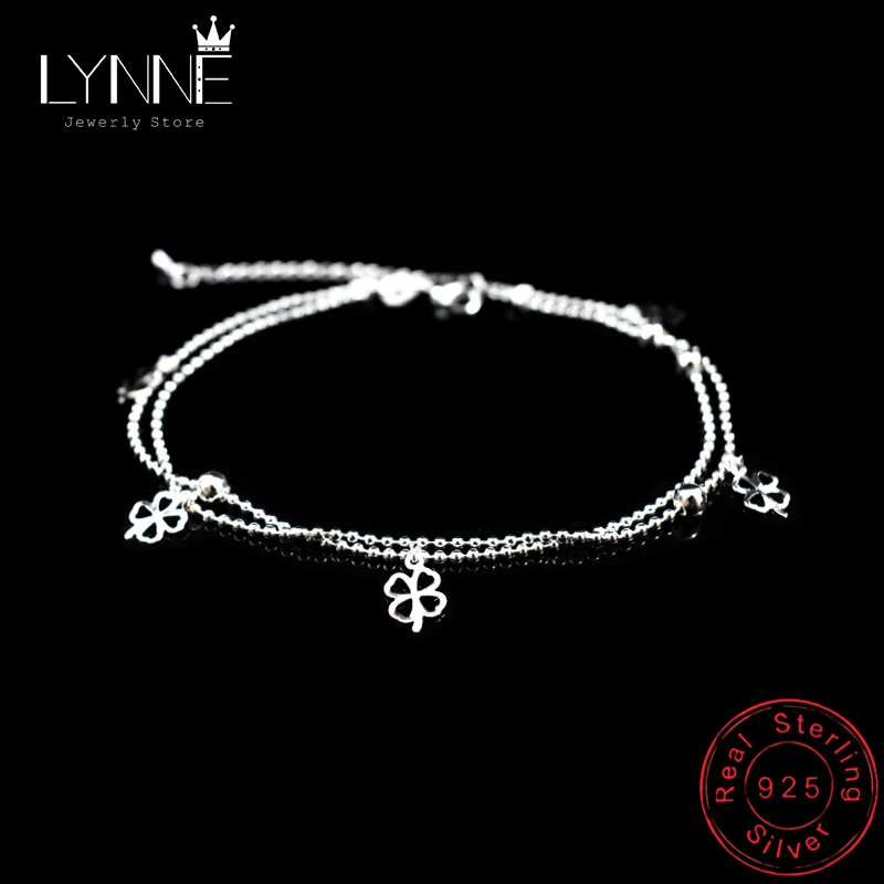 

Newest Fashion 925 Sterling Silver Double Layer Small Ball Chain Anklet Lucky Clover Pendant Anklets Bracelet For Women Jewelry
