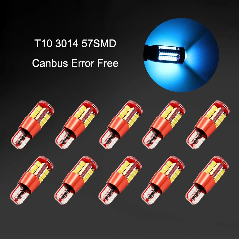 

10Pcs Ice Blue T10 12V W5W 3014 57SMD LED Canbus Error Free Car Bulbs For 192 168 194 2825 Side Marker Lights Interior Lights