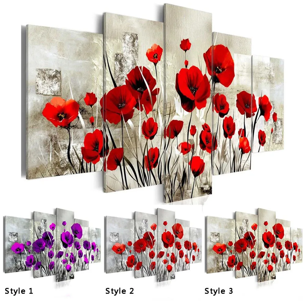 

5PCS/Set Red Pruple Poppy Flower Art Print Frameless Canvas Painting Wall Picture Home Decoration,Choose Color And Size No Frame