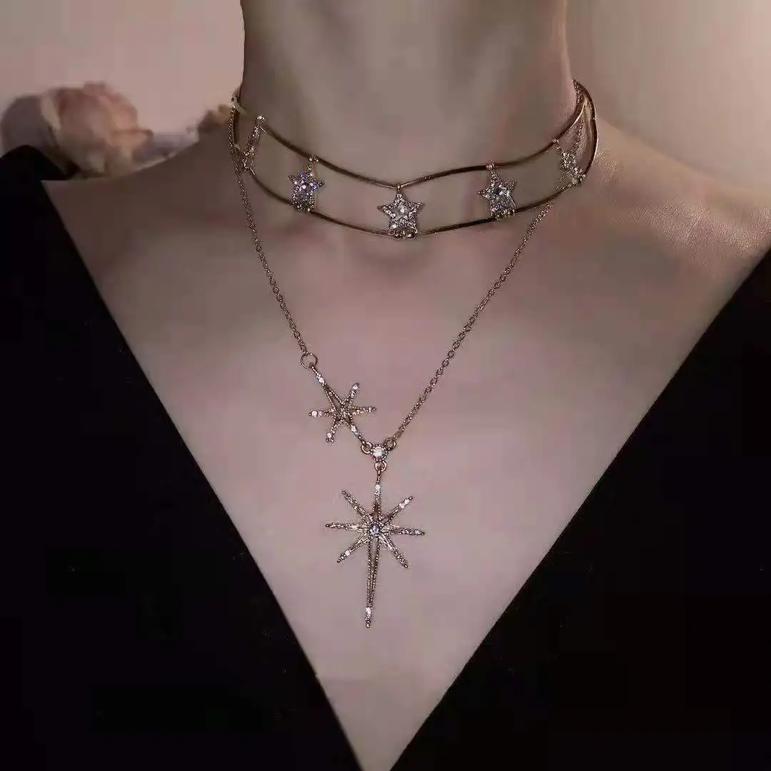 

2021 New Fashion Elegant Luxury Stars Pendant Chokers Necklaces Multi Layer Gold Exaggeration Necklaces For Women Jewelry Gifts