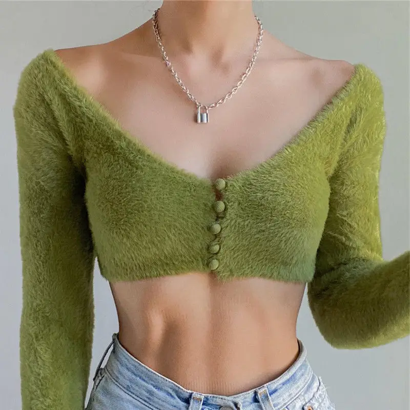 

Sexy V Neck Knitted Crop Top Summer Casual Women Green Tee Long Sleeve Buttons Autumn 2022 Vintage T Shirts Female