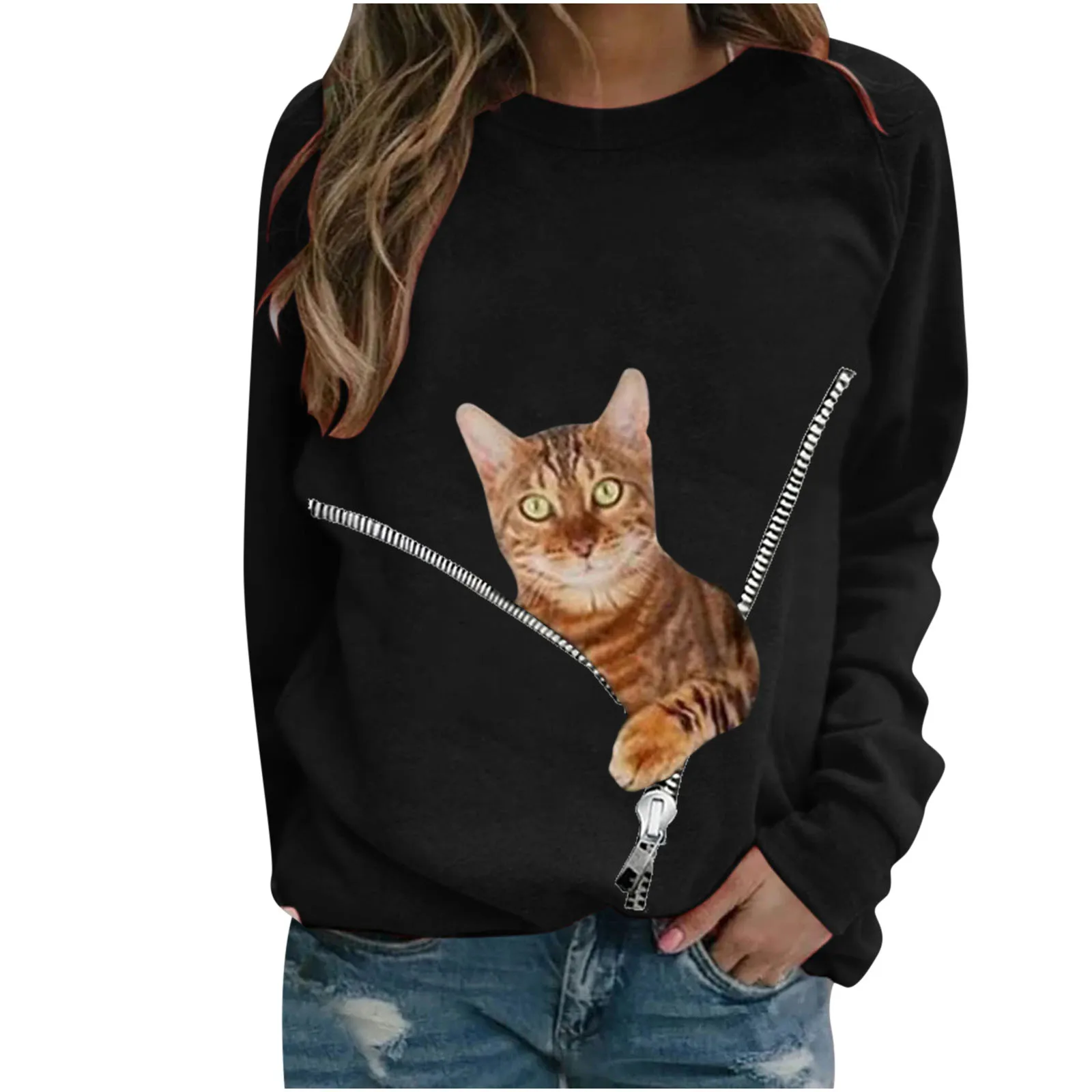 women's Hoodi Fashion Women Casual O- Neck Cat  Print Long-sleeved T-shirt las mujeres sweetshirts 2021 new hot sale