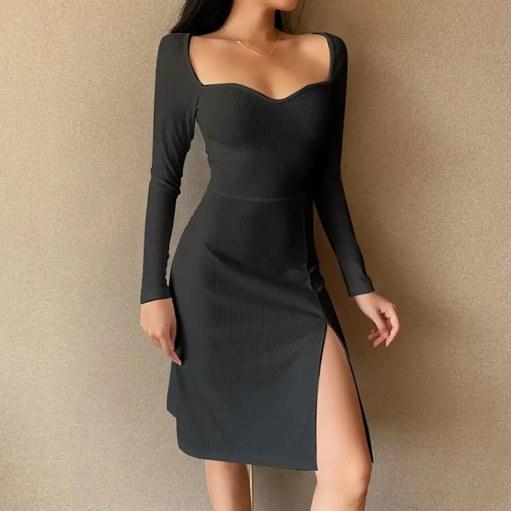 

2021 Spring autumn New women dress full sleeves low square collar Solid high waist retro long high fork dresses